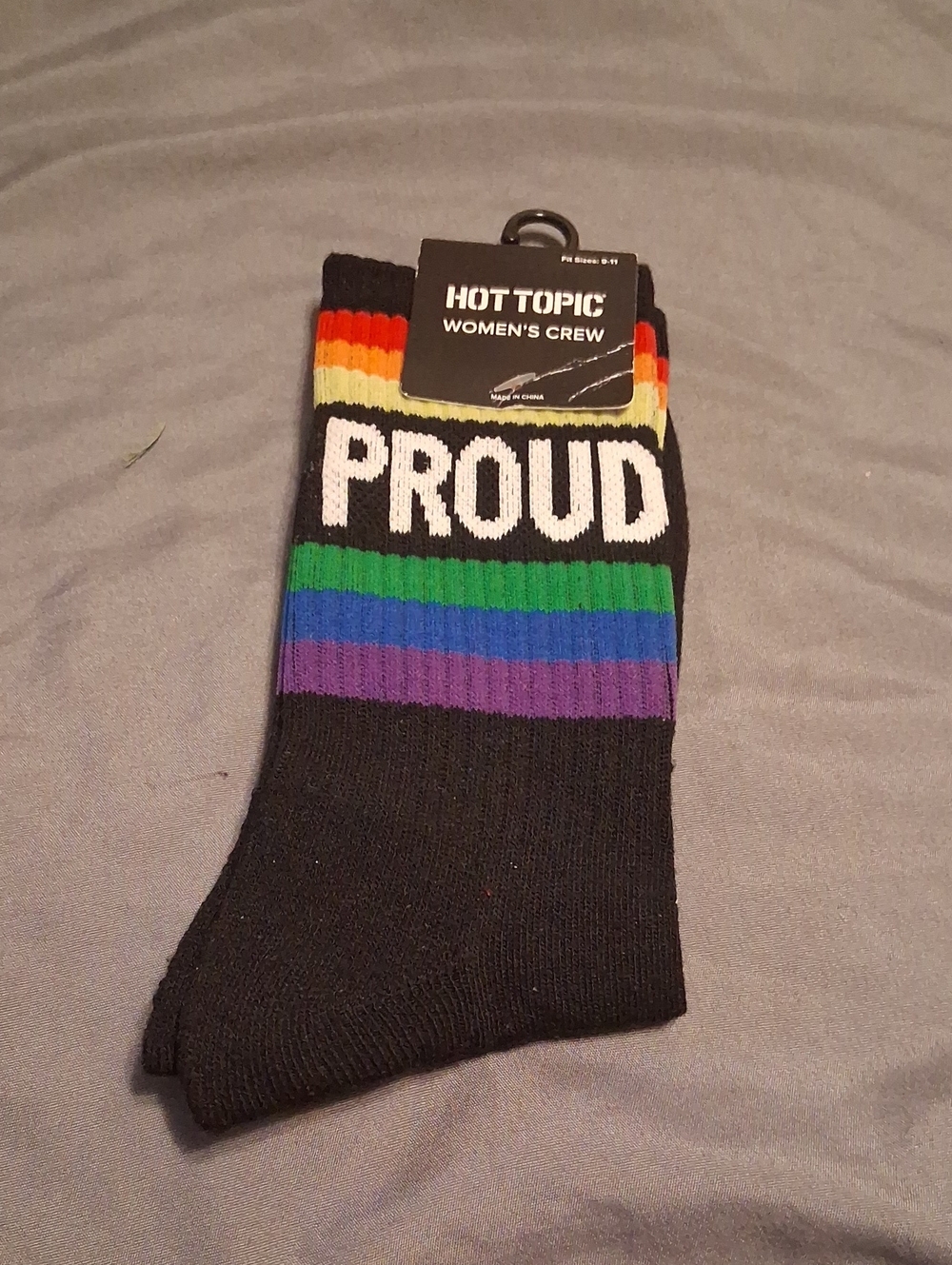 Hot Topic "Proud" Black Crew Socks with Rainbow Stripes